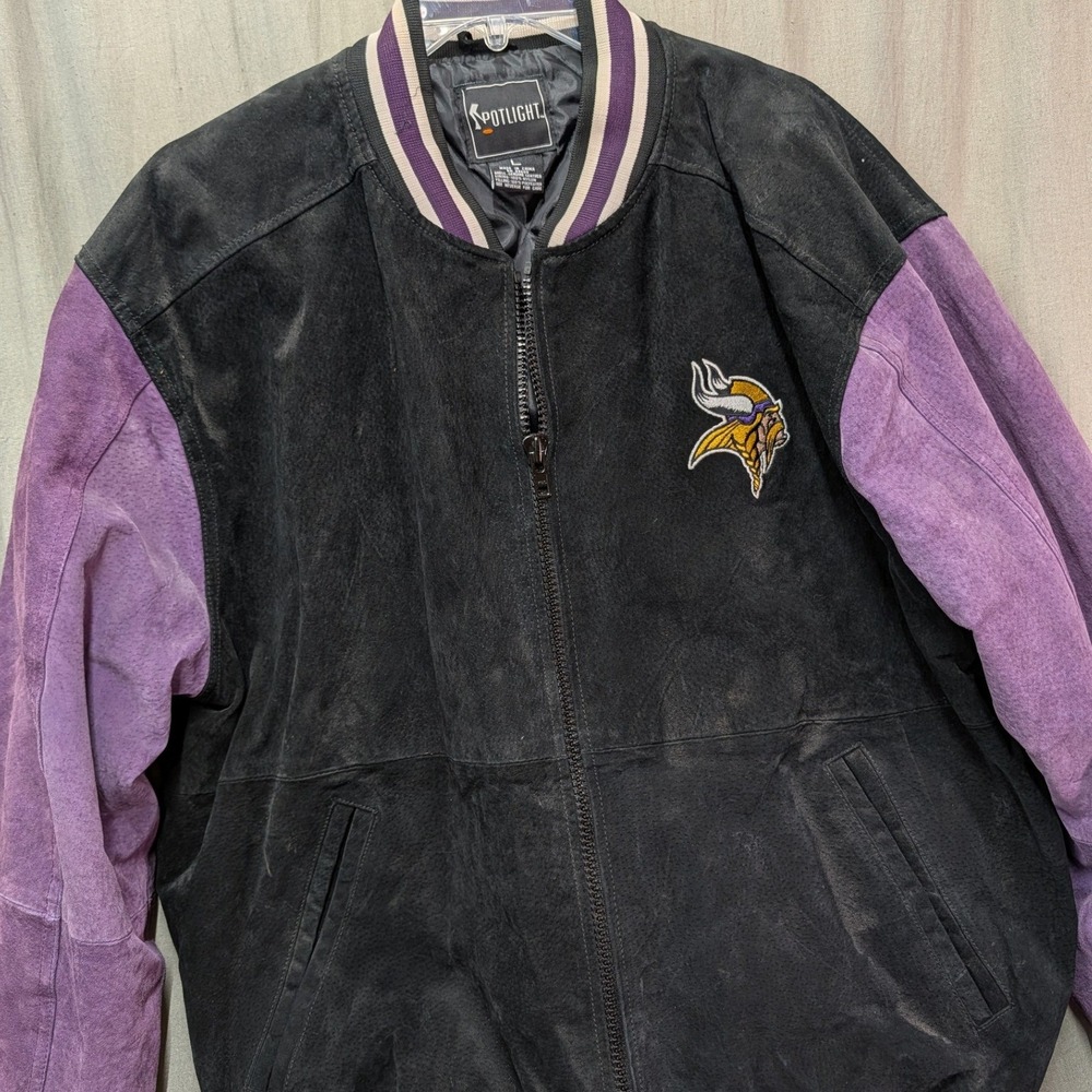 Spotlight Minnesota Vikings Suede Leather Varsity Jacket Mens Large Black Purple